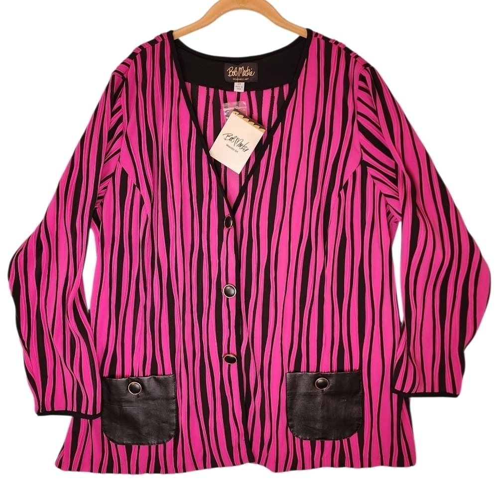 Bob Mackie Wearable Art Pink & Black Striped Cardigan NWT 2X Vintage Inspired